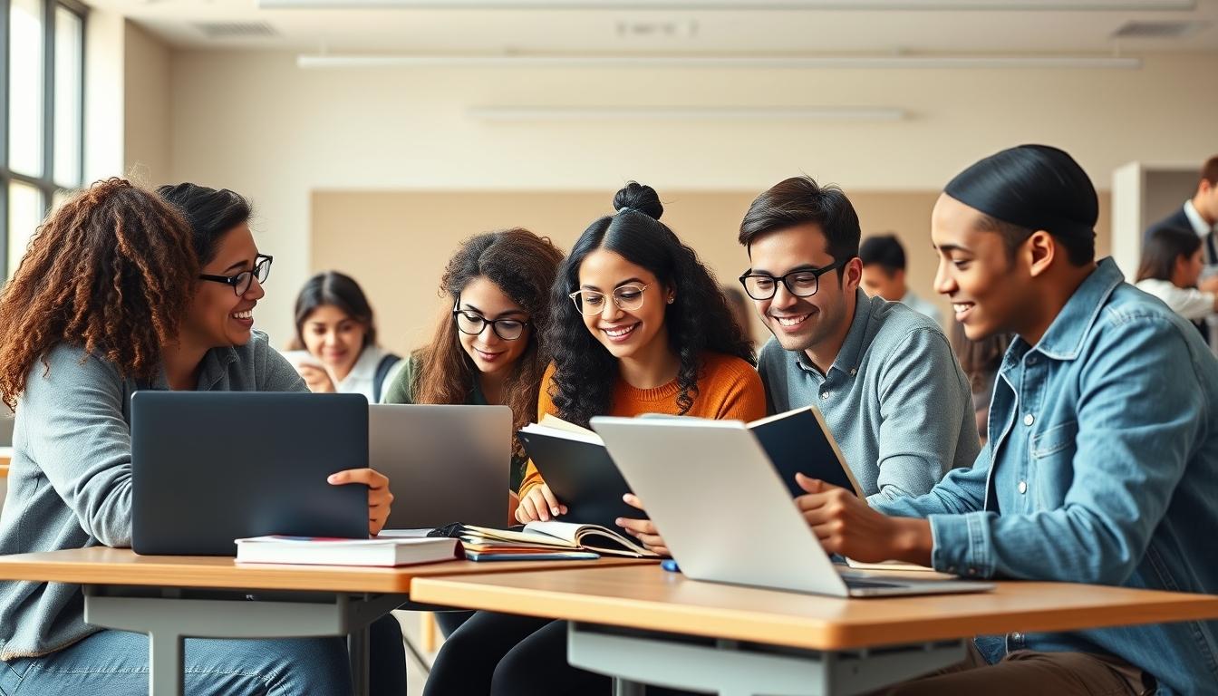 Students studying together in modern classroom